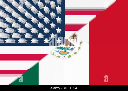 Abbildung der nationalen Flaggen der Vereinigten Staaten und Mexikos, die die diplomatischen Spannungen und die bilateralen Beziehungen zwischen den beiden Ländern symbolisieren. 2026 Stockfoto