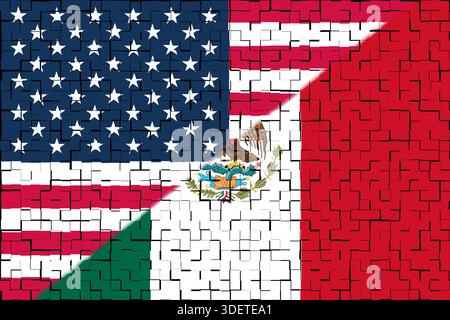 Abbildung der nationalen Flaggen der Vereinigten Staaten und Mexikos, die die diplomatischen Spannungen und die bilateralen Beziehungen zwischen den beiden Ländern symbolisieren. 2026 Stockfoto