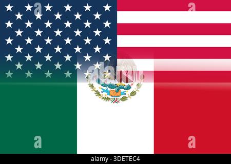 Abbildung der nationalen Flaggen der Vereinigten Staaten und Mexikos, die die diplomatischen Spannungen und die bilateralen Beziehungen zwischen den beiden Ländern symbolisieren. 2026 Stockfoto