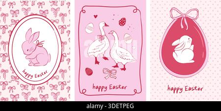 Girly Retro Ostern vertikale Banner mit Kaninchen und rosa Frühlingsblumen. Handgezeichnetes Vintage-Design. Stock Vektor