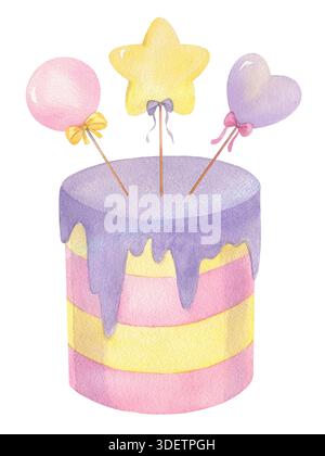 Geburtstagskuchen und Lolipops. Handgemachte Illustration von Geburtstagskuchen und Lutschs. Für Verpackungspapier, Grußkarten, Dekoration und Illustration. Stockfoto