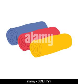Handtücher oder Servietten in Reihe gerollt. Drei Reinigungstücher in verschiedenen Farben. Illustration des flachen Vektors. Stock Vektor