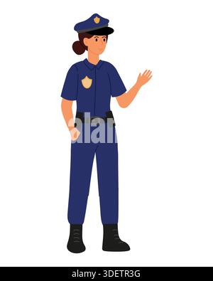 Weiße Polizistin in blauer Uniform. Sie hob die Hand in der Stoppgeste. Illustration des flachen Vektors. Stock Vektor