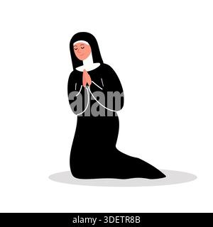 Die Nonne in schwarzer Kleidung kniet und betet, lächelt. Nonne in Cartoon-Illustration. Sie trägt schwarze Angewohnheit. Stock Vektor