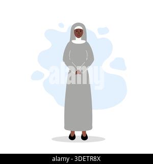 Freundliche Nonne. Nonne in grauem Gewand steht mit gefalteten Armen. Nonne in flacher Illustration. Schwarze Frau in grauer Uniform Stock Vektor