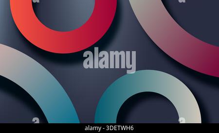 Abstrakter geometrischer Hintergrund mit leuchtenden bunten, sich überlappenden Ringen und weichen Schatten auf dunklem, minimalistischem Hintergrund für modernes Corporate Design Stock Vektor