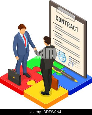 Handshake business Mans nach Verhandlungen erfolgreich behandeln. startup Partnerschaft ziele zu erreichen. die Teamarbeit. Rätsel Infografiken. Zwischenablage Pad mit Co Stock Vektor