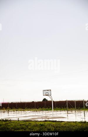 Rustikaler Basketballkorb auf leerem Platz im ländlichen Feld Stockfoto