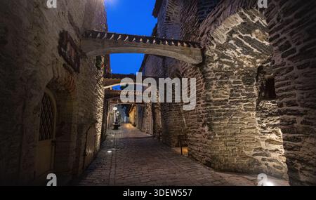 Mittelalterliche Kopfsteinpflasterallee mit historischen Steinbögen und beleuchteten Mauern in einer europäischen Stadt in der Abenddämmerung Stockfoto