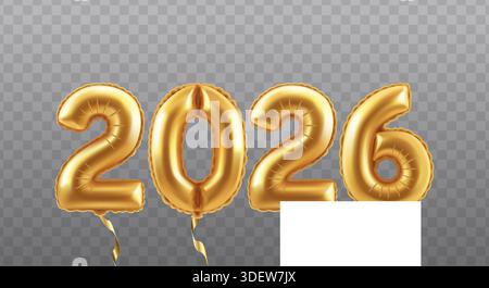 Realistische 3D-Vektordarstellung. Zahlen 2026 Neujahr, goldene Ballons. Isoliert auf transparentem Hintergrund. Stock Vektor