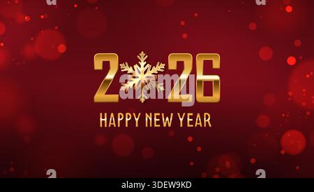 Realistische 3D-Vektordarstellung. Weihnachten und Neujahr 2026 festliches Banner mit goldenen Zahlen und Schneeflocke auf rotem Hintergrund. Stock Vektor