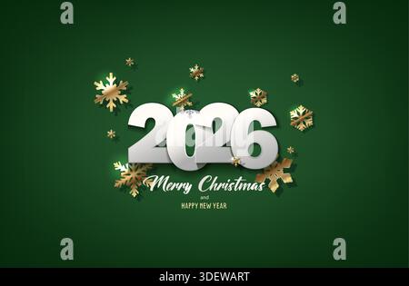 2026 weiße Zahlen Neujahrs- und Weihnachtsbanner auf grünem Hintergrund mit goldenen Schneeflocken. Stock Vektor