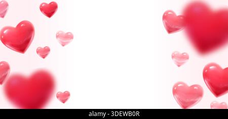 3D realistisches horizontales Vektorbanner mit roten und rosa Herzen mit Platz für Text. Stock Vektor
