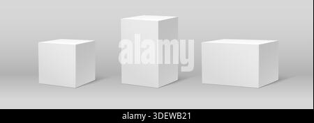 Abbildung eines realistischen 3D-Vektorsymbols. Weißer Würfel und Rechteck festgelegt. Isoliert auf Hintergrund. Stock Vektor