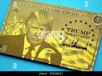 KIEW, UKRAINE - 13. DEZEMBER 2025 Trump Goldkarte Souvenir auf blauer Hintergrundoberfläche Nahaufnahme Stockfoto
