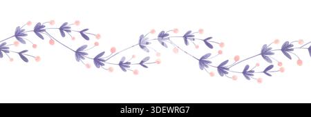 Nahtloser Blumenrand in Aquarellfarben mit rosafarbenen Beeren und lila Blättern. Stockfoto