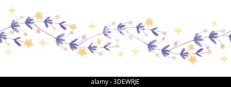 Nahtloser Blumenrand in Aquarellfarben mit Sternen und violetten Blättern. Stockfoto
