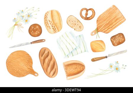 Aquarellküche Clipart Set mit Brot, Schneidebrettern, Messern und Kamillen isoliert auf weiß Stockfoto