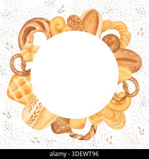 Rundrahmen der Bäckerei in Aquarellfarben mit Brot und Gebäck auf weißem Hintergrund. Stockfoto