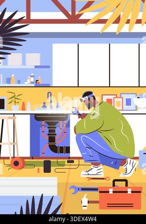 Klempner Befestigung Küche Waschbecken Rohre moderne Arbeitsplatz Werkzeuge Pflanzen innen buntes flaches Design Haus Reparatur Service Konzept Stock Vektor
