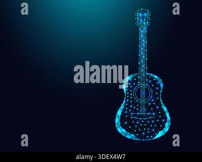 Akustikgitarre mit niedrigem Poly-Drahtmodell auf dunkelblauem Hintergrund. Stock Vektor