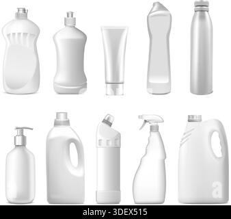 Abbildung eines realistischen Vektorsymbols. Weiße Kunststoffflaschen. Modelle für Haushaltschemikalien. Reinigungsmittel, Flüssigseife, Sprays und Cremetöhrchen. Isola Stock Vektor