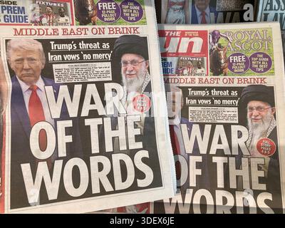 Eine britische Boulevardzeitung berichtet von Krieg der Worte , Trump hatte nicht entschieden, ob die USA in den Krieg zwischen Israel und dem Iran führen Stockfoto