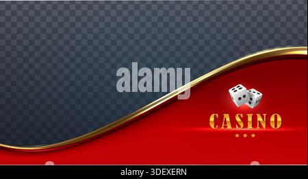 Realistische Vektordarstellung. Abstrakter Casino-Hintergrund mit roten und goldenen Wellen und Würfeln. Stock Vektor