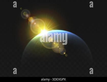 Realistische Vektordarstellung. Sonnenfinsternis oder Sonnenaufgang. Sonnenblende leuchtet hinter einem Planeten im Dunkeln. Stock Vektor