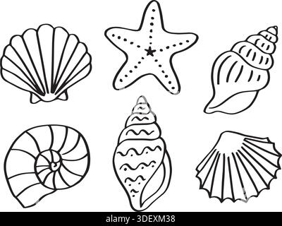 Handgezeichnetes Muscheln- und Seestern-Doodle-Icons-Set. Marine Shell Sketch Kollektion, Ocean Beach Summer Symbols. Schwarze Umrissdarstellung isoliert auf Stock Vektor