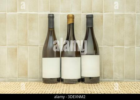 Seitenansicht, die die Tiefe von Glasflaschen zeigt, die mit Wein gefüllt sind und an einem vertikalen Träger befestigt sind, wobei Licht durch die Flüssigkeiten verschiedener Höhlen fließt Stockfoto