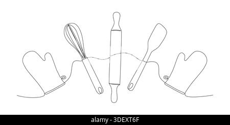 Eine Linienzeichnung mit Backwerkzeugen wie Drehstift, Schneebesen, Gummispachtel und Ofenhandschuhen. Stock Vektor