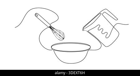 Eine Strichzeichnung von Backwerkzeugen wie Schneebesen, Mischschüssel, Messbecher. Stock Vektor