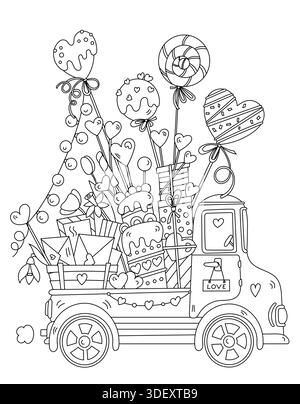 Truck mit Süßigkeiten und Blumen zum Valentinstag und Malbuch für Erwachsene und Kinder Stock Vektor