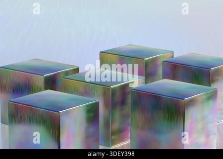 Glänzende irisierende Metallwürfel sind auf einer reflektierenden Oberfläche mit glattem Farbverlauf angeordnet. 3D-Rendering Stockfoto
