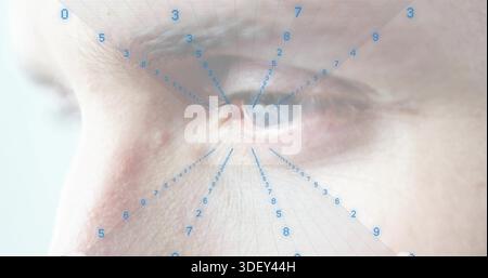 Fokussierend auf das rechte ältere männliche Auge mit Falten und Iris in Nahaufnahme, mit biometrischem Rasterüberzug Stockfoto
