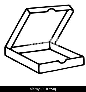 Minimalistische handgezeichnete Vektor-Illustration einer offenen leeren Pizzaschachtel mit sauberen schwarzen Umrissen und einem leeren Innenraum für Lebensmittelverpackungen Stock Vektor