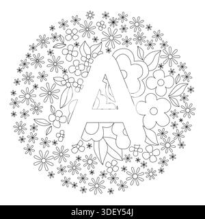 Einfarbiger Hintergrund mit Vintage-Blumenschmuck. Viele kleine Blumen. Schwarzes weißes Design mit Buchstabe A. rundes Blumendekor. Pflanzenfärbung Stock Vektor