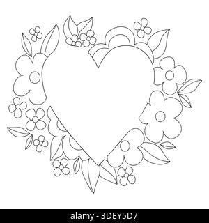 Farbseite für Herzrahmen. Vintage-Blumendekor mit Herz. Schwarzweiß-Tattoo-Design. Schwarz-weiß-Vektorillustration. Rahmen ohne Text. Stock Vektor