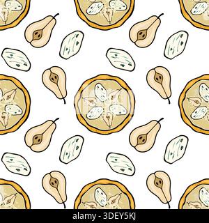 Nahtloses Vektormuster mit Gourmet-Pizza mit Birnen- und Blaukäsekeilen auf einem hellen Minzhintergrund. Stock Vektor