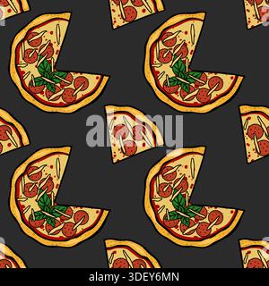 Köstliche Pepperoni Pizza Scheiben Vektor Muster Illustration mit Basilikum und Käse Stock Vektor