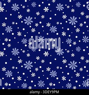 Nahtloses Muster vieler kleiner blauer Blumen auf dunkelblauem Hintergrund. Winternacht mit Schneefall. Volkstümliches Blumenmuster Stock Vektor