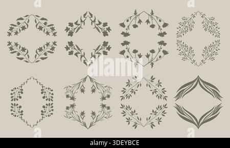 Kollektion mit Blumenrahmen mit Silhouetten von Ästen und Blättern. Vektorblumenkränze Stock Vektor