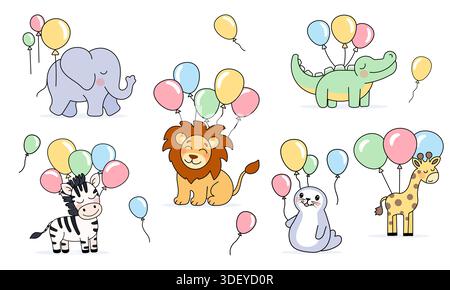 Niedliche Tiere mit Ballons Illustrationsset Stock Vektor