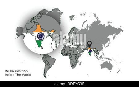 INDIEN Position innerhalb der Welt mit Flagge auf der Karte Stock Vektor