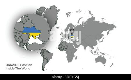 UKRAINE Position innerhalb der Welt mit Flagge auf der Karte Stock Vektor