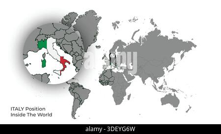 ITALIEN Position innerhalb der Welt mit Flagge auf der Karte Stock Vektor