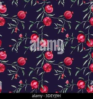 Nahtloses Muster mit Aquarellillustration von Granatapfel mit rosa Blumen. Handgemalter Druck mit tropischem Fruchtzweig mit grünen Blättern Stockfoto