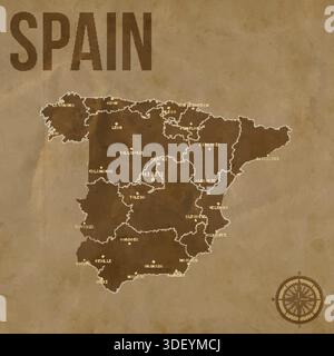 Klassische SPANIEN-Karte mit Regionen Grenzen und Großstädten Stock Vektor