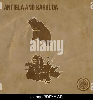 Vintage-Karte VON ANTIGUA UND BARBUDA mit Regionen Grenzen und wichtigen Städten Stock Vektor
